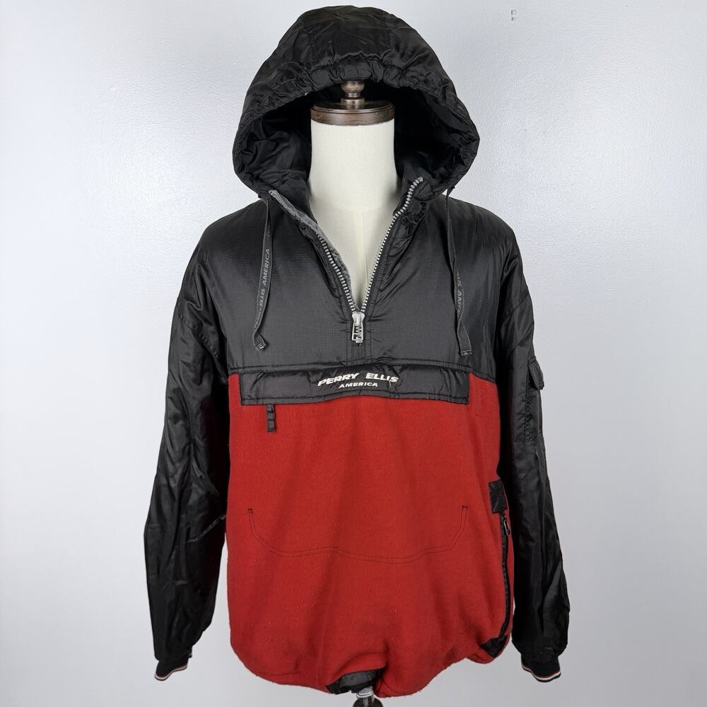 Vintage Perry Ellis America XL Red Black Fleece Anorak Hooded Pullover 90s
